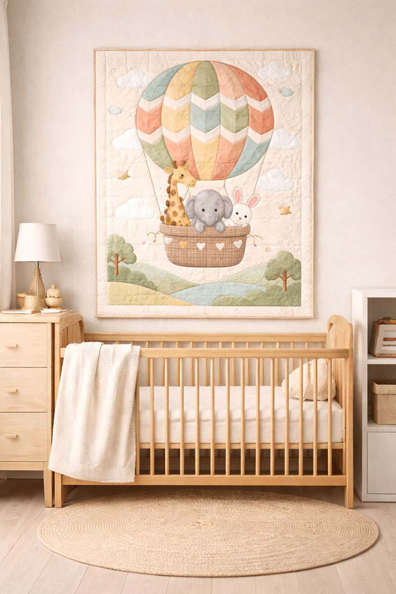 safari balloon crib quilt displayed above crib in nursery