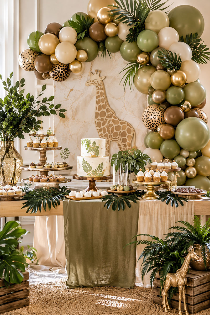 Safari dessert table with layered serving trays, safari balloons, cake, and coordinated neutral decorations
