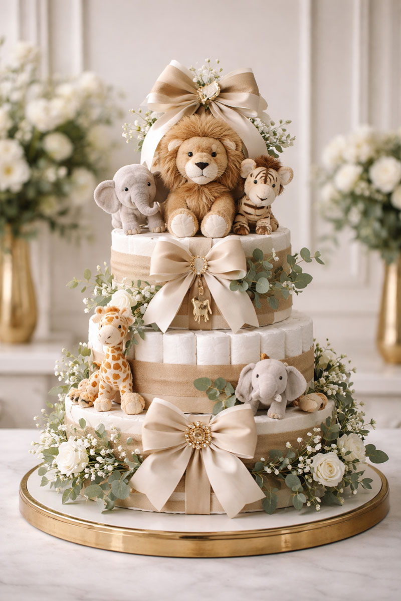 safari diaper cake baby shower centerpiece idea with animals
