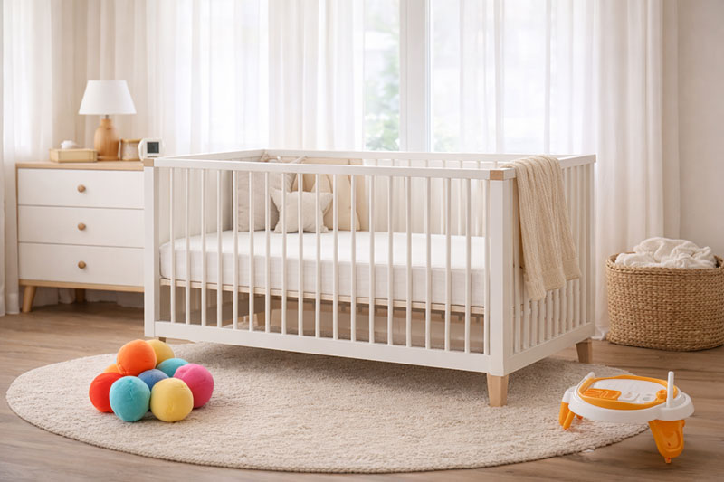 Neutral baby nursery with a modern crib and firm mattress fitted snugly inside