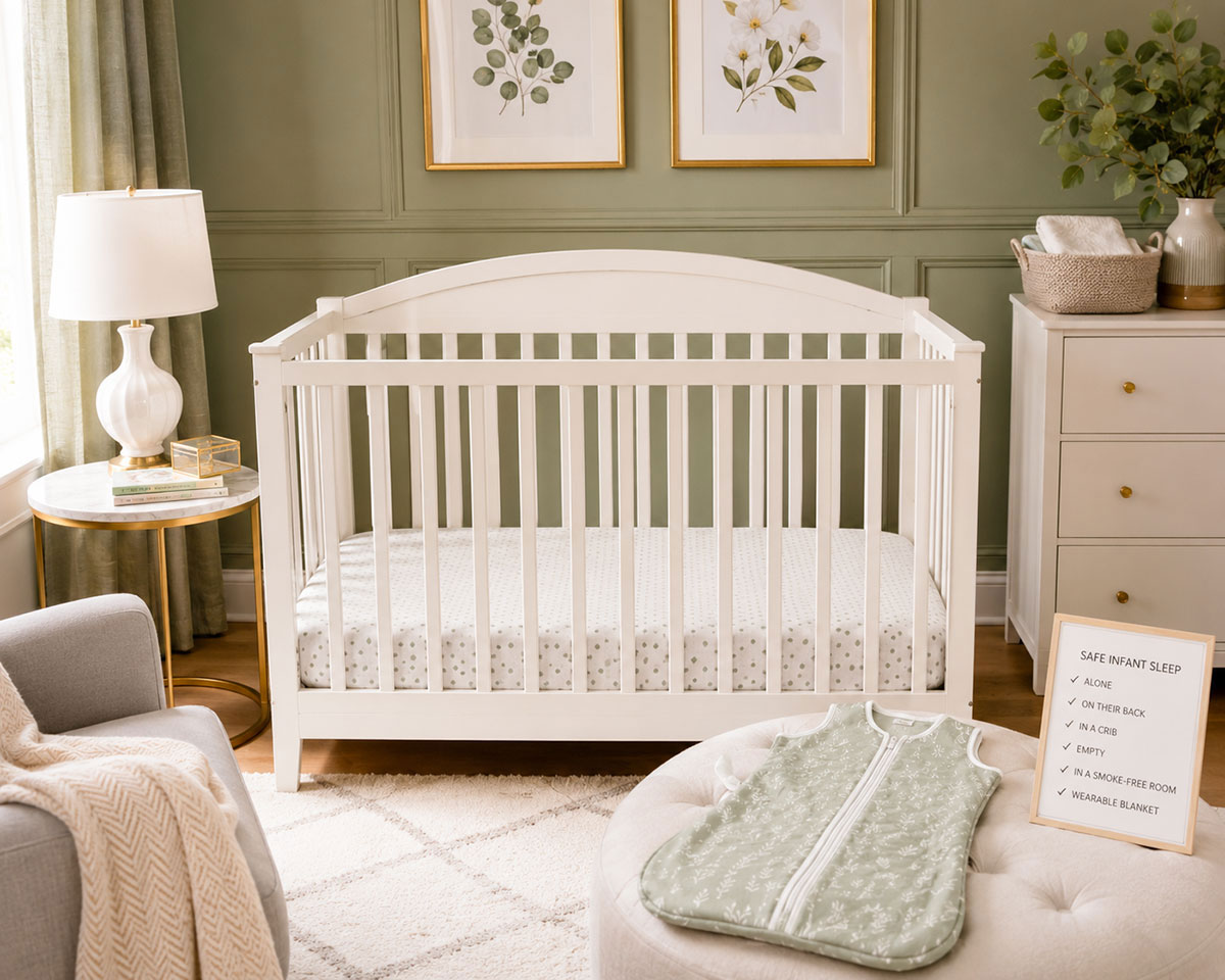 Empty baby crib with a firm mattress and fitted sheet beside a folded non-weighted wearable blanket