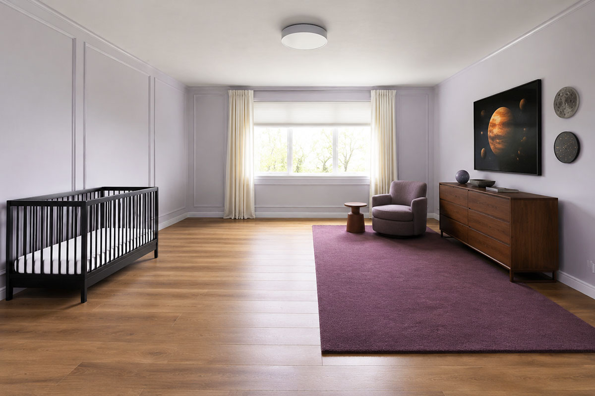 Space nursery with a bare crib, securely mounted planet artwork and celestial decorations positioned away from the sleep space