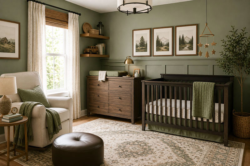 Sage green boy nursery decor with wood dresser, framed wall art, woven storage and refined neutral accessories