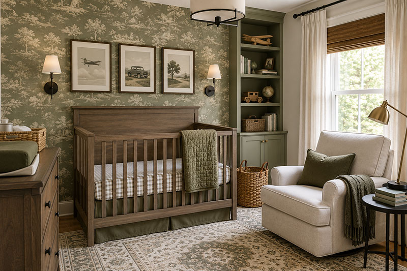 Sage green boy nursery wallpaper with tailored pattern, wood crib, white dresser and magazine style nursery design