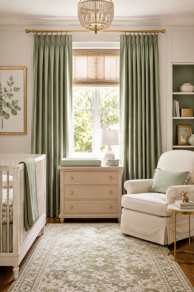 Sage green nursery curtains with coordinated baby room decor