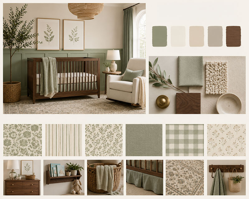 Sage green nursery palette board with walnut wood, oatmeal fabric, warm white paint, and brass nursery accents