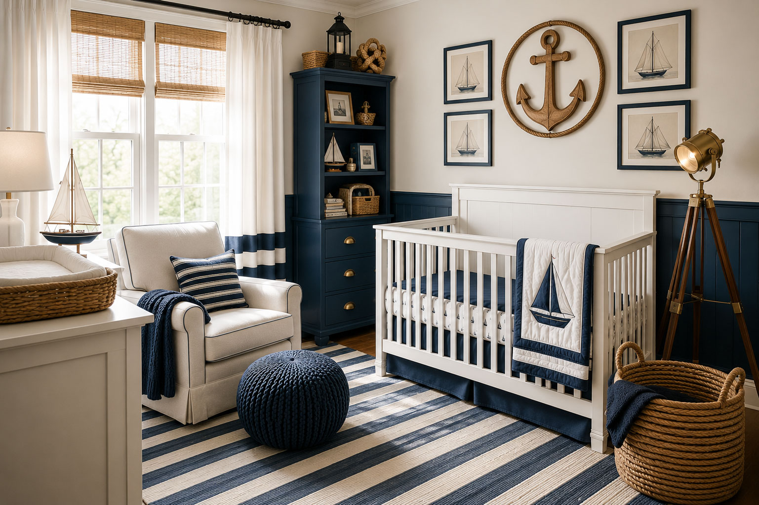 Sailboat nursery with striped rug, white crib, framed sailboat artwork, and coastal blue accents