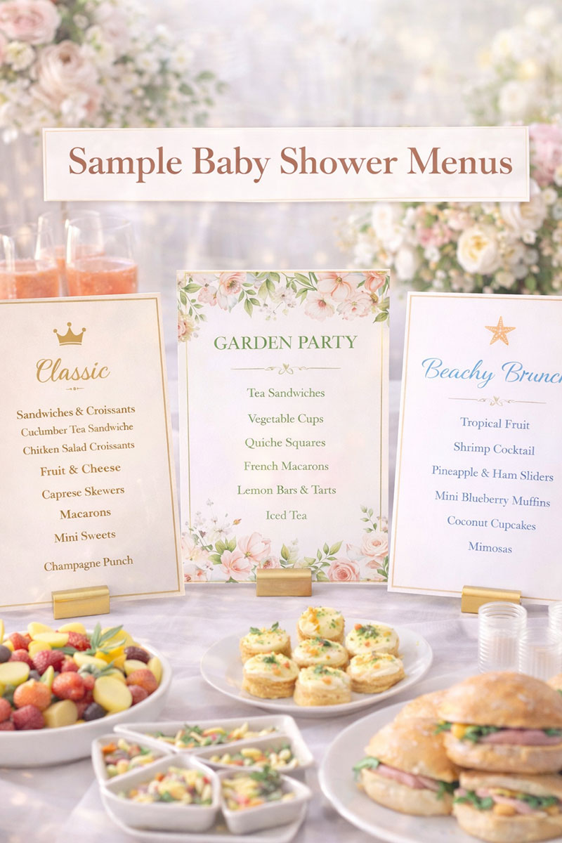 Three polished baby shower menu examples shown as brunch lunch and afternoon tea setups in an editorial party layout