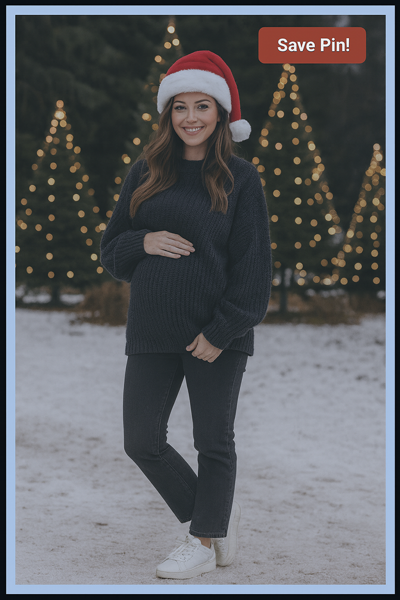 holiday maternity outfit with santa hat for Christmas photos