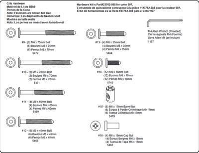 Screws and Parts Diagram for a Simmons Madisson Crib 'n' More from the assembly instructions manual