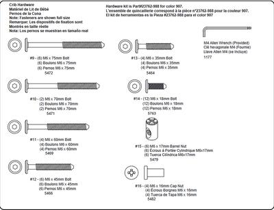 Screws and Parts Diagram for a Simmons Madisson Crib 'n' More from the assembly instructions manual