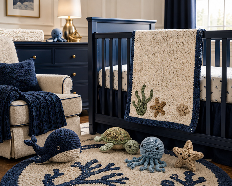 Sea creature crochet patterns for baby gifts with turtle, whale, octopus, jellyfish and fish projects