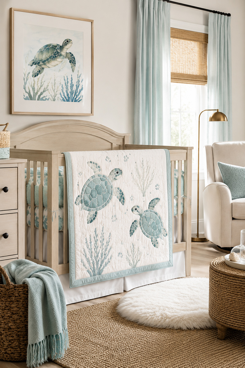 Sea turtle baby bedding in a coastal nursery with aqua crib bedding and ocean-inspired decor