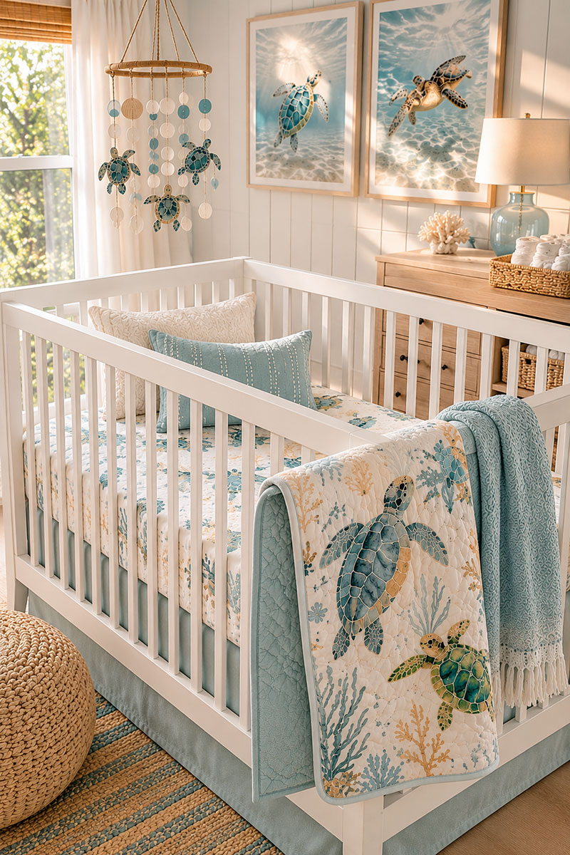 Sea turtle nursery bedding with coastal baby room styling