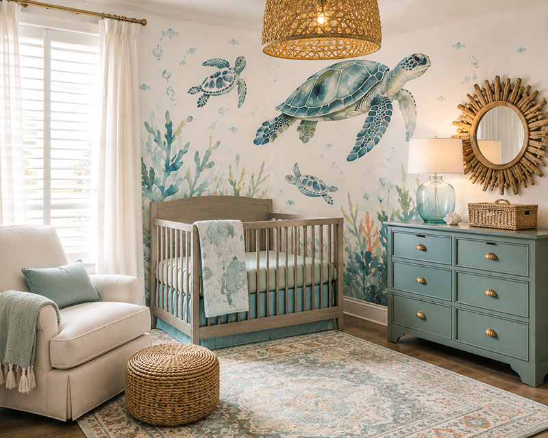 sea turtle coastal nursery wallpaper with ocean themed baby room style