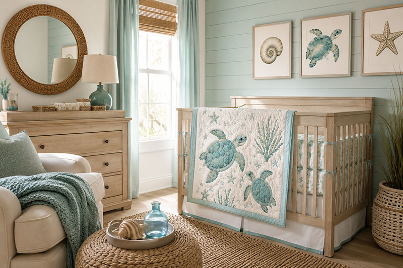Modern nursery featuring turtle crib bedding with layered coastal textures and woven furniture