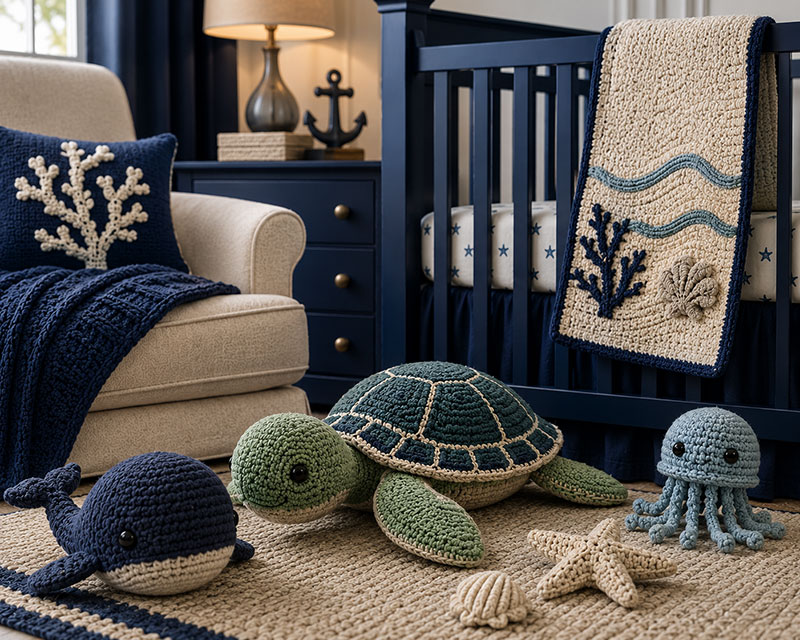 Sea turtle crochet pattern displayed in a modern coastal baby nursery