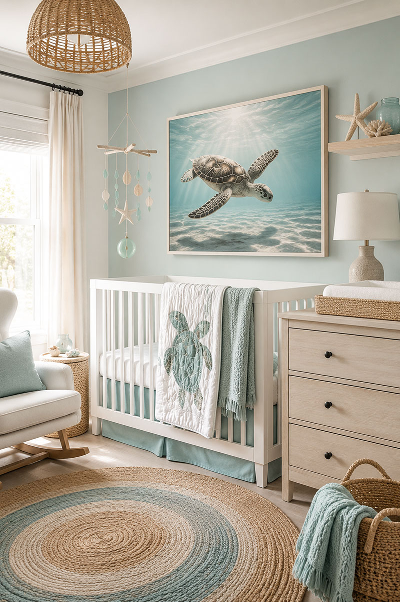Sea turtle nursery with coastal ocean inspired colors