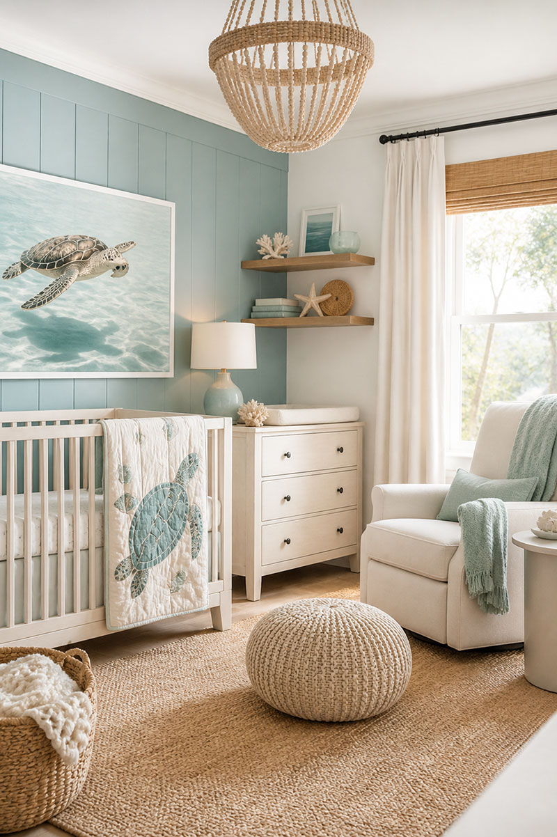 Sea turtle nursery ideas with coastal baby room decor