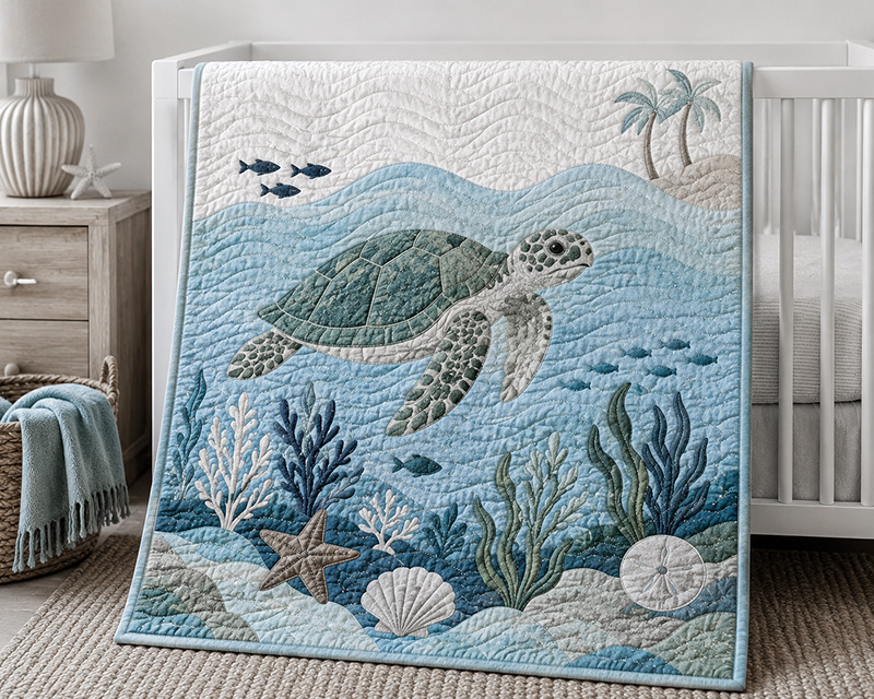 Sea turtle ocean baby quilt with blue fabric waves in a nursery