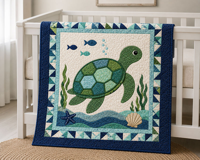 Sea turtle quilt folded across a white crib in a coastal nursery