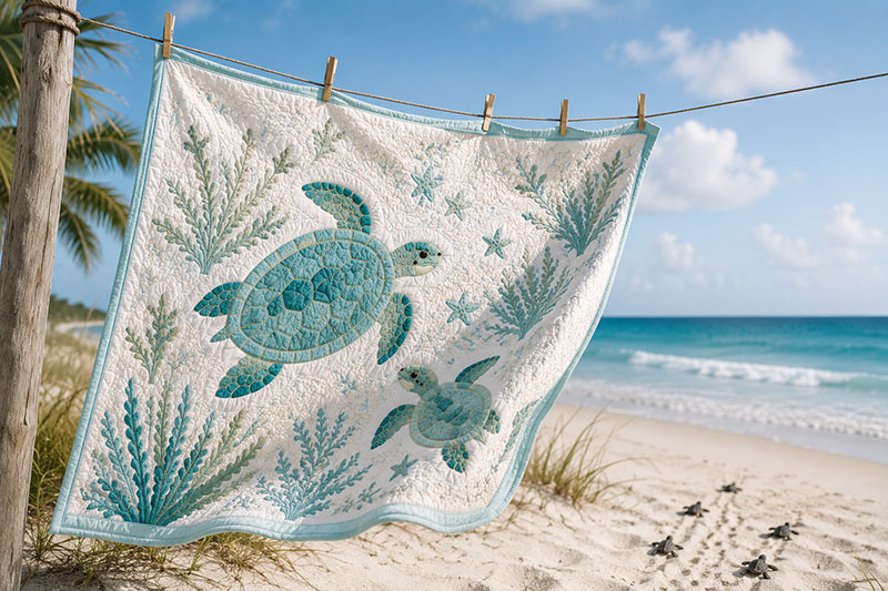 Sea turtle quilt hanging on a beach clothesline near white sand dunes