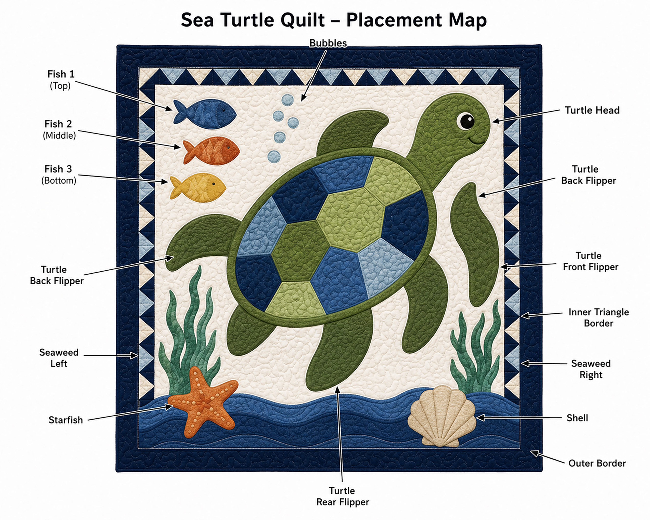 Sea turtle quilt placement map showing exact applique positioning