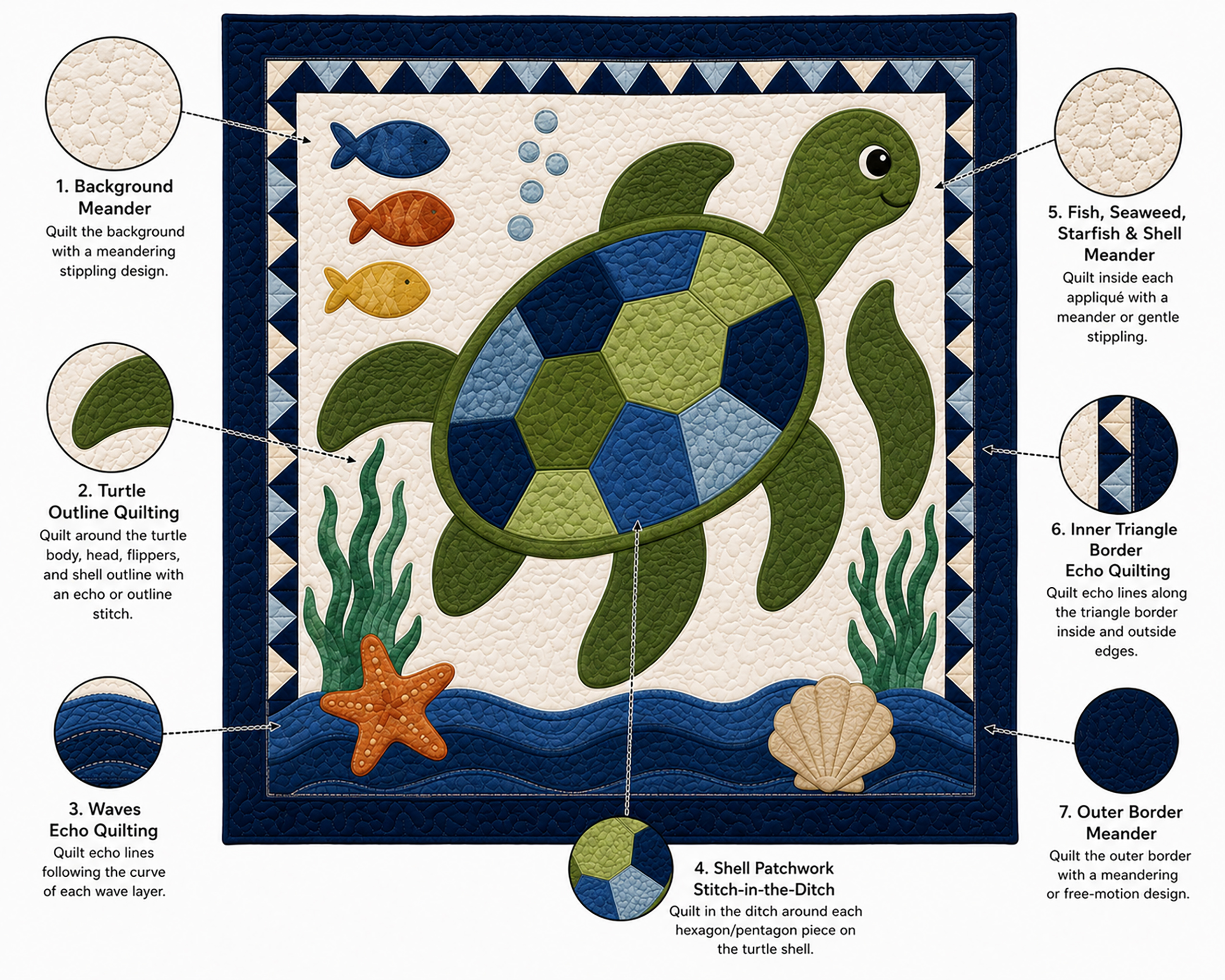 Sea turtle quilt quilting path guide with shell and wave stitching layout