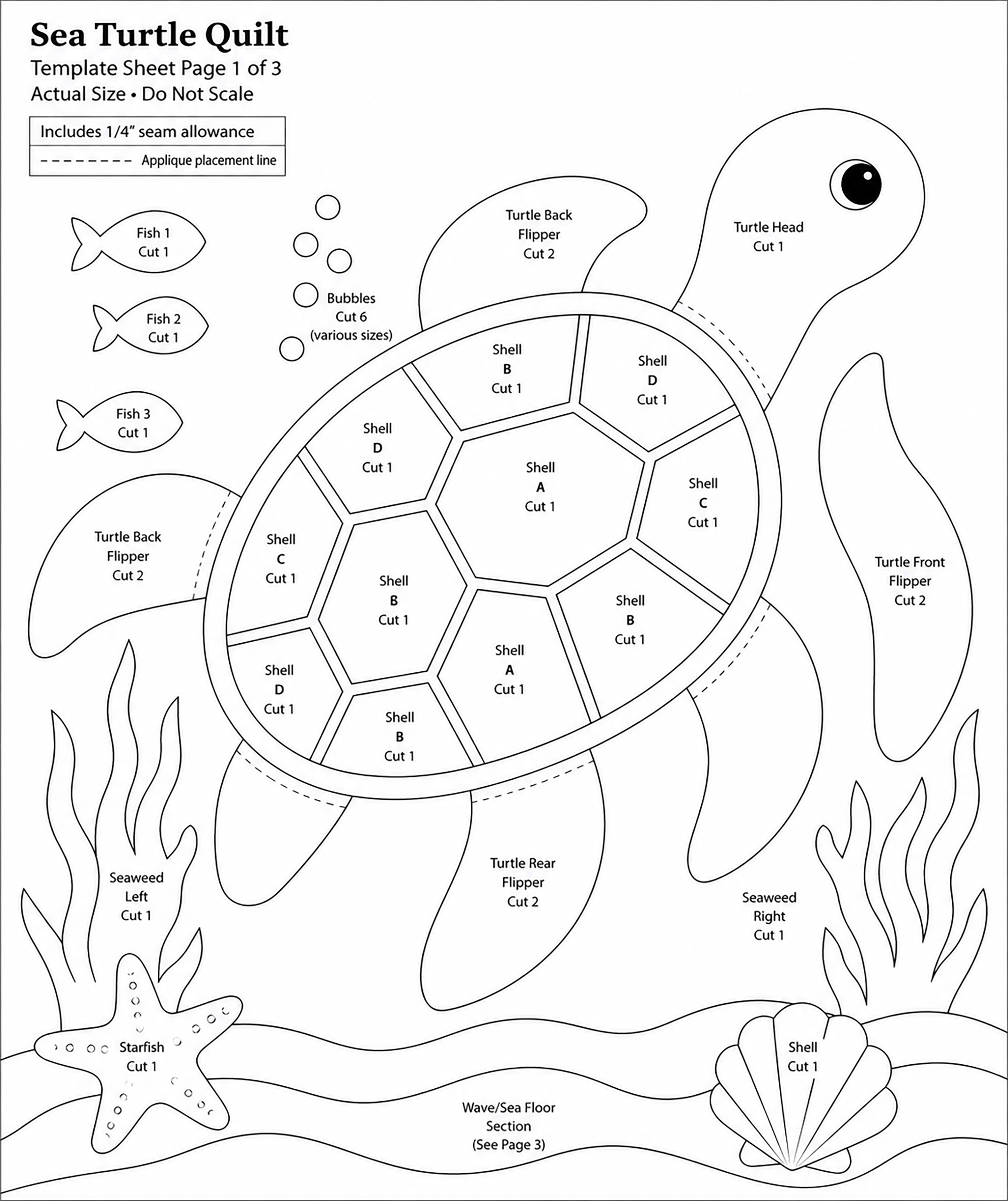 Printable sea turtle quilt pattern template page with shell hexagons and turtle body pieces