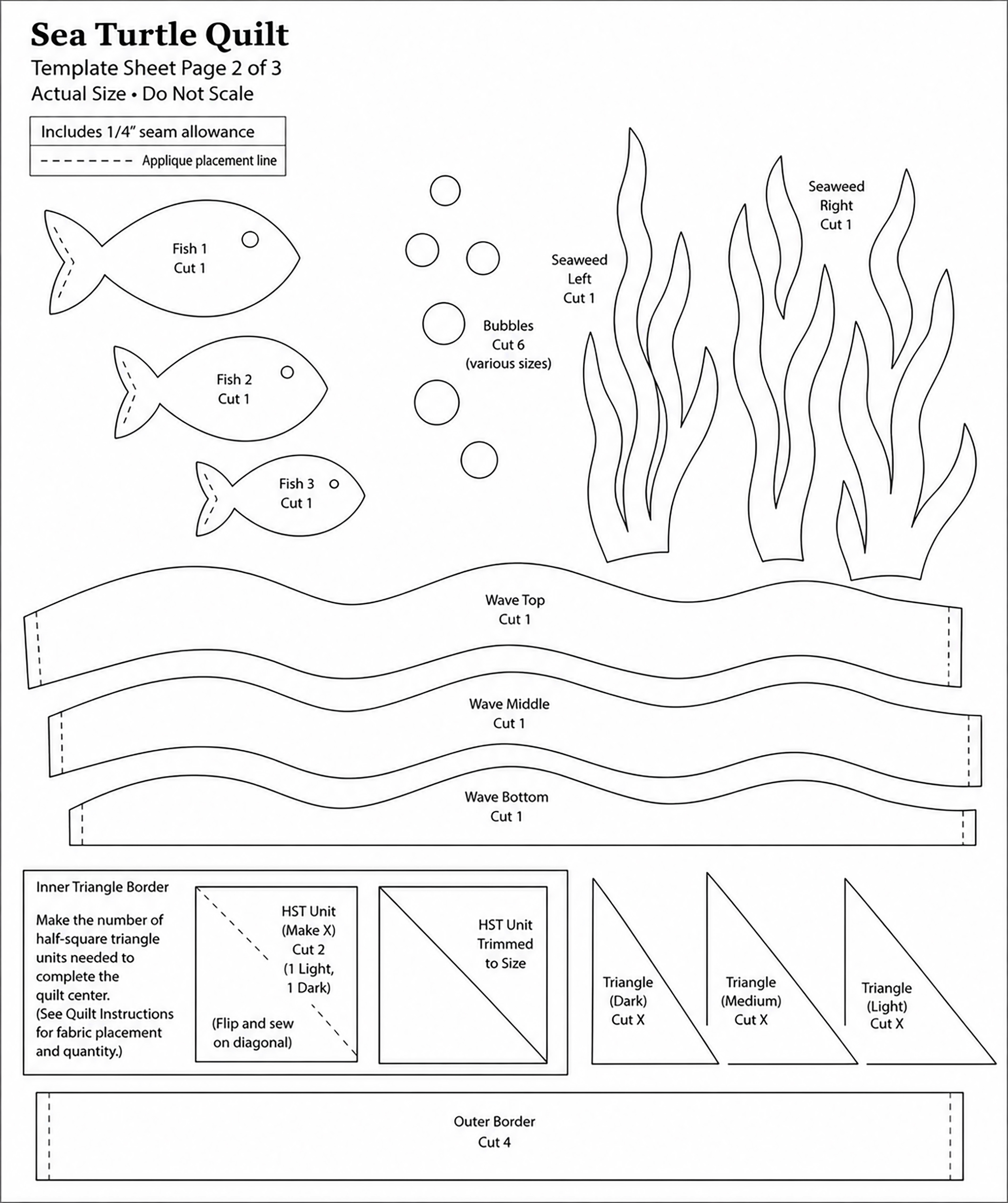 Printable sea turtle quilt pattern templates for turtle flippers fish and seaweed