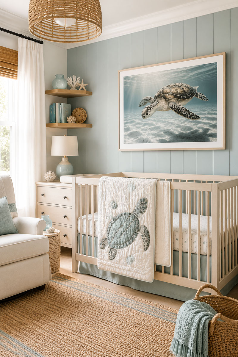 Sea turtle nursery wall decor with coastal nursery styling