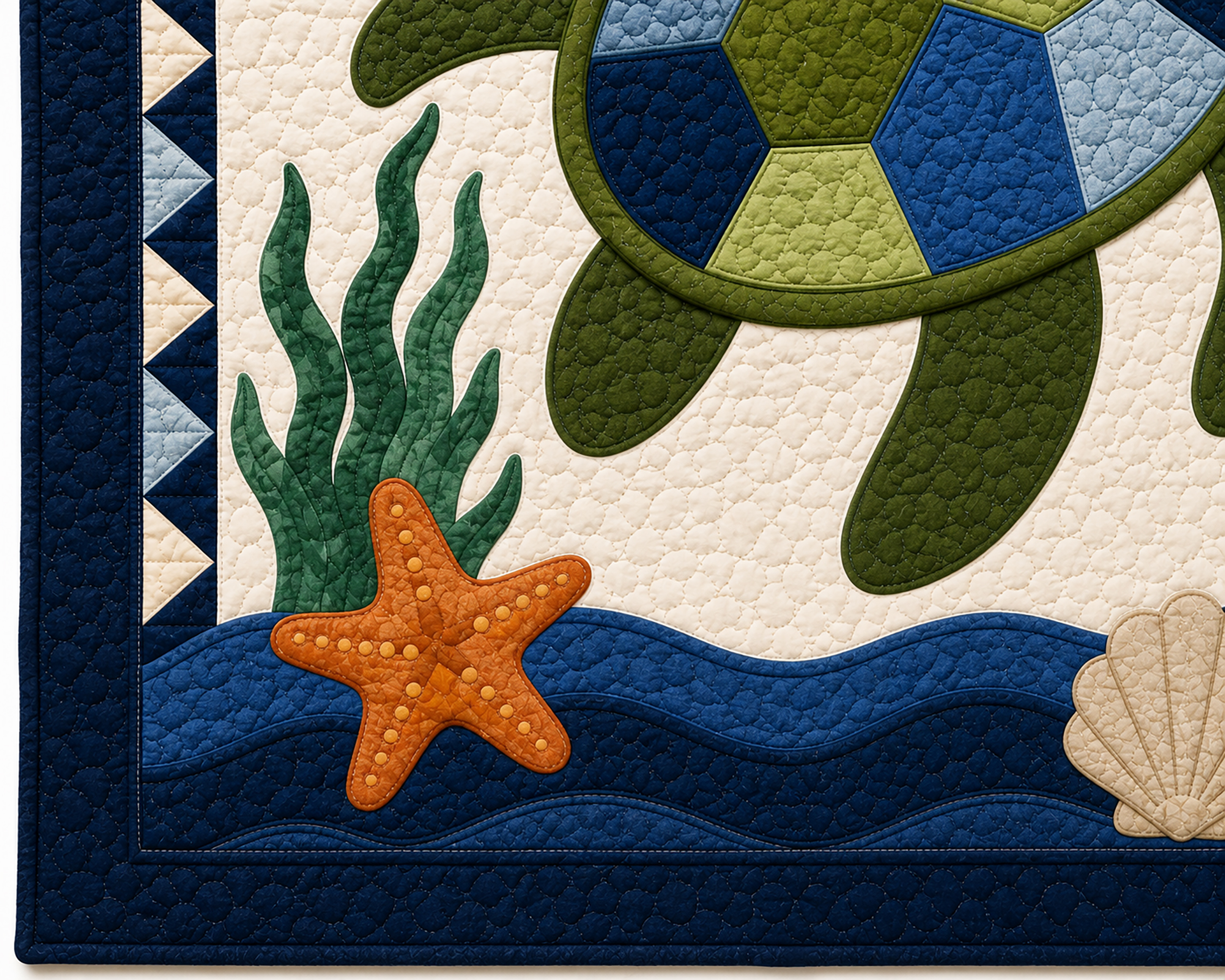 Closeup of sea turtle quilt wave border and applique details