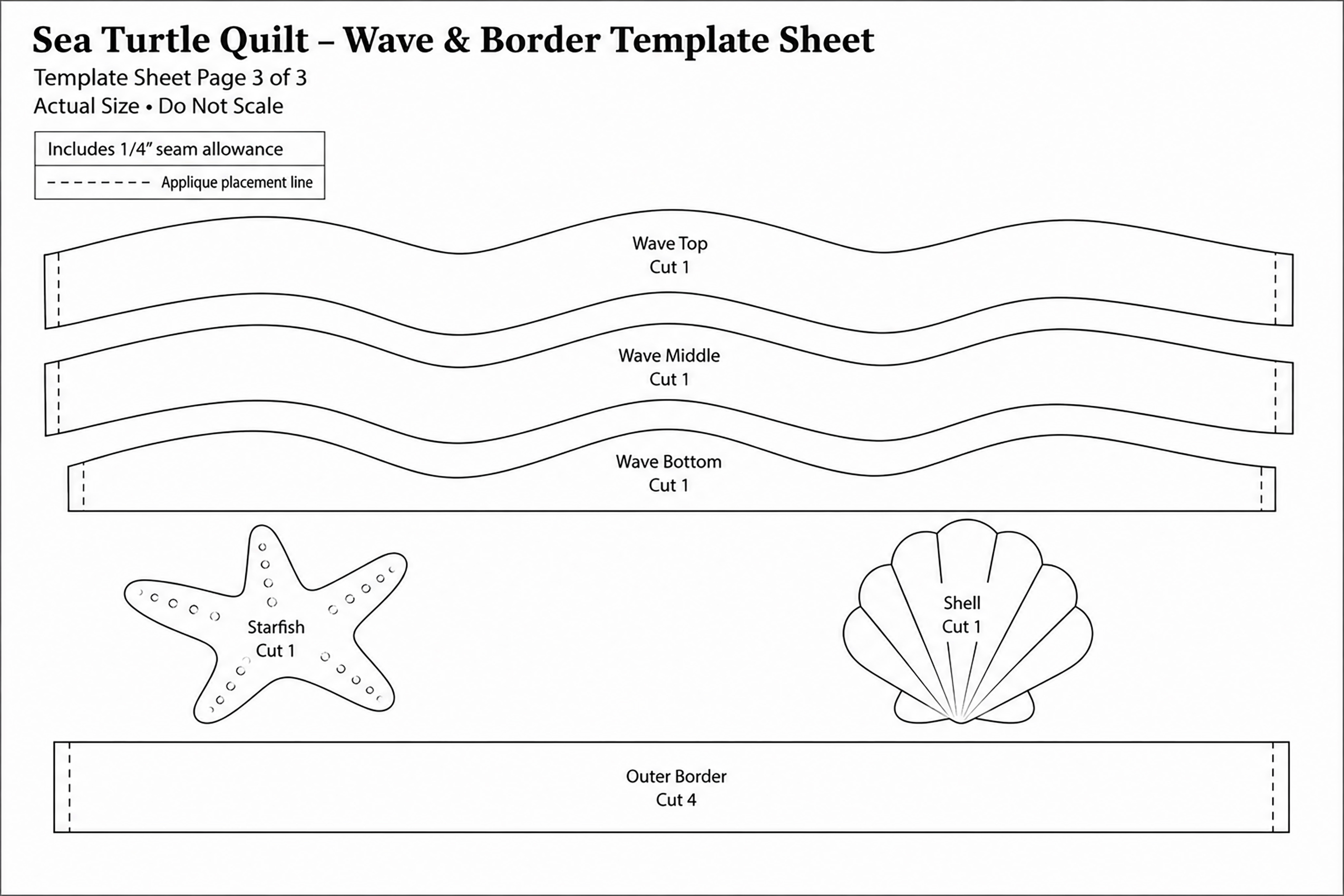 Printable sea turtle quilt wave border templates and curved ocean pieces