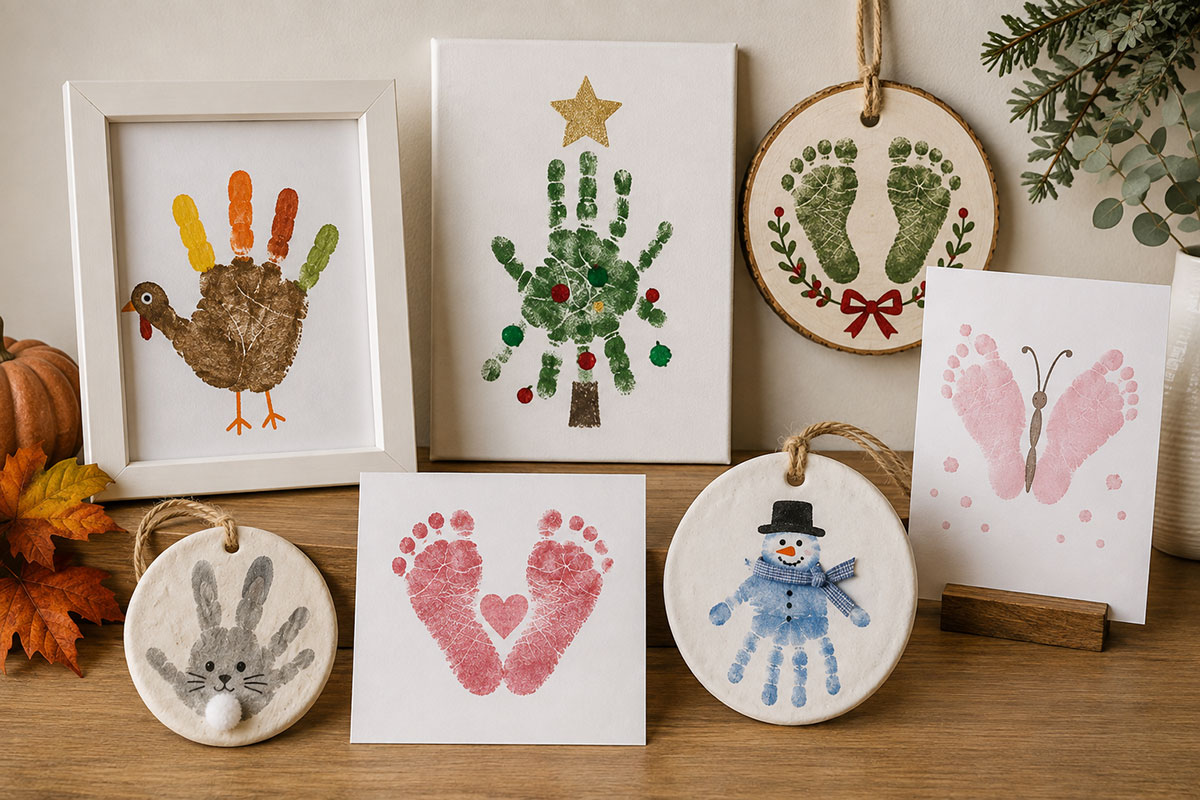Framed floral baby handprint art, a refined fall keepsake and a simple holiday handprint card displayed together