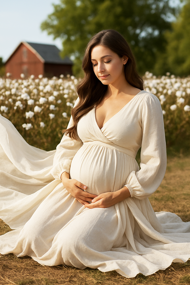 Serene pregnant woman seated in a cotton field wearing a flowing cream maternity gown, her hands gently resting on her baby bump as soft daylight illuminates the scene and a rustic red barn stands in the distance.