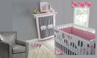 Inspiration board for a gray, white and pink nursery for a baby girl in an elephant and polka dots theme.