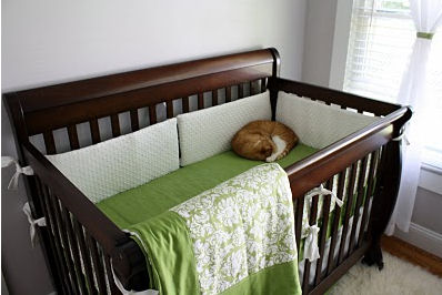 Picture of the Baby's Bed w the Lime Green and White Damask Baby Crib Bedding