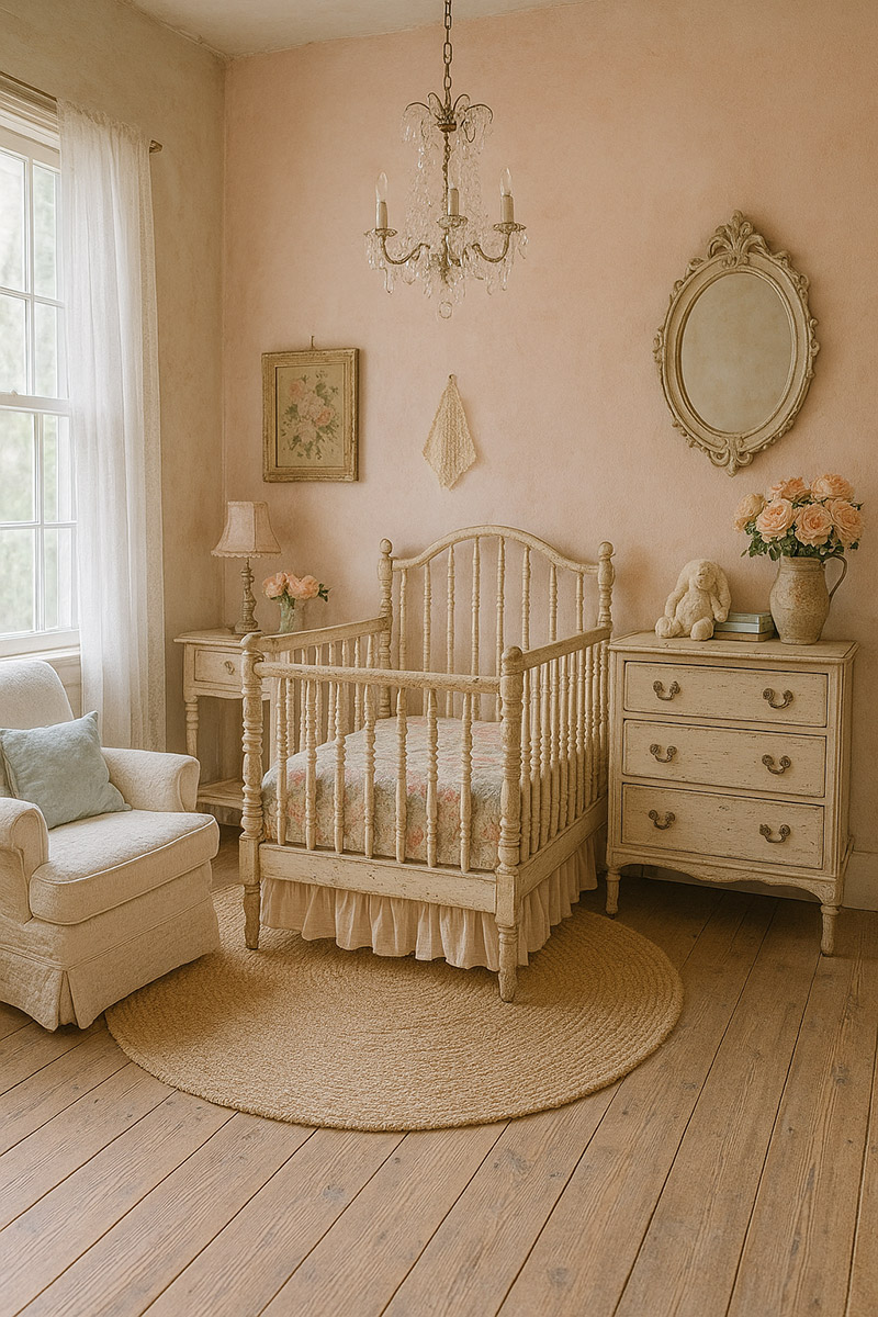 Elegant shabby chic baby girl nursery decorated in blush pink and white with a vintage Jenny Lind crib, floral wallpaper, lace canopy, and soft pastel accents