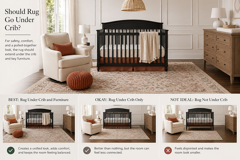 Nursery rug positioned beneath crib and nursery chair