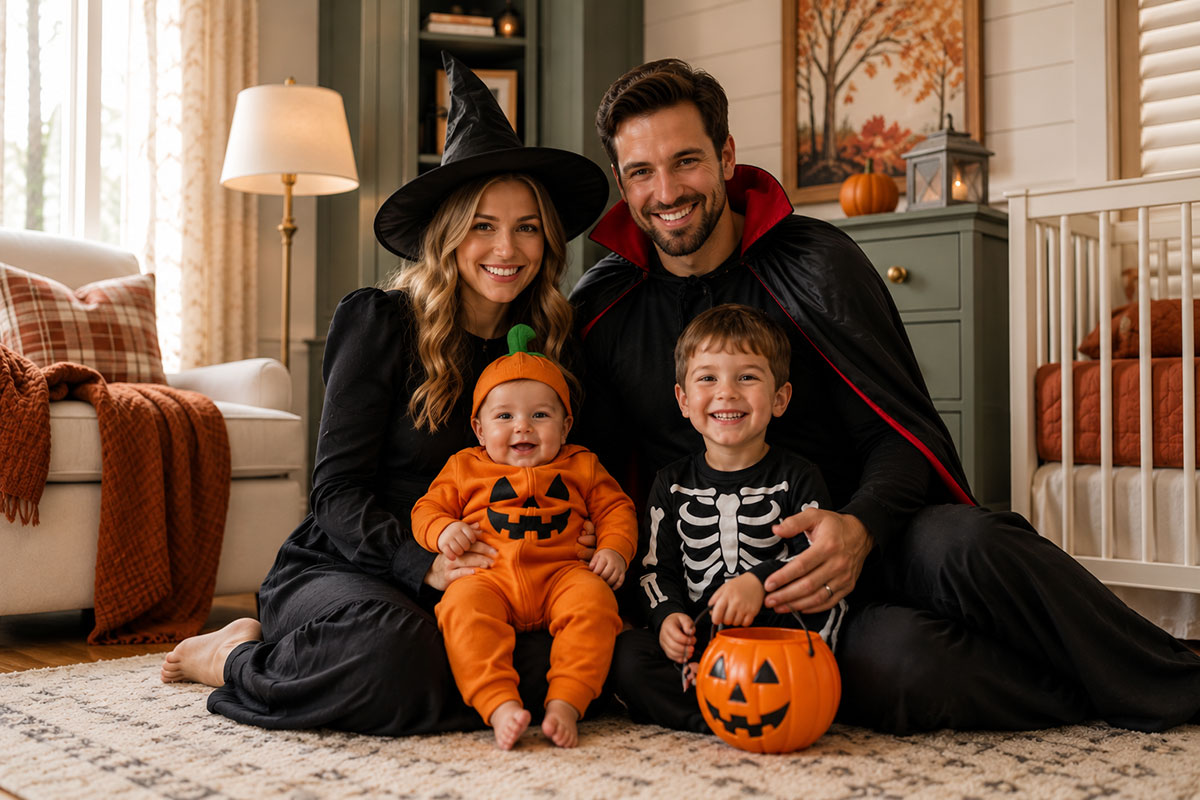 Older sibling in a skeleton costume with a baby dressed as a pumpkin and parents wearing witch and vampire Halloween costumes