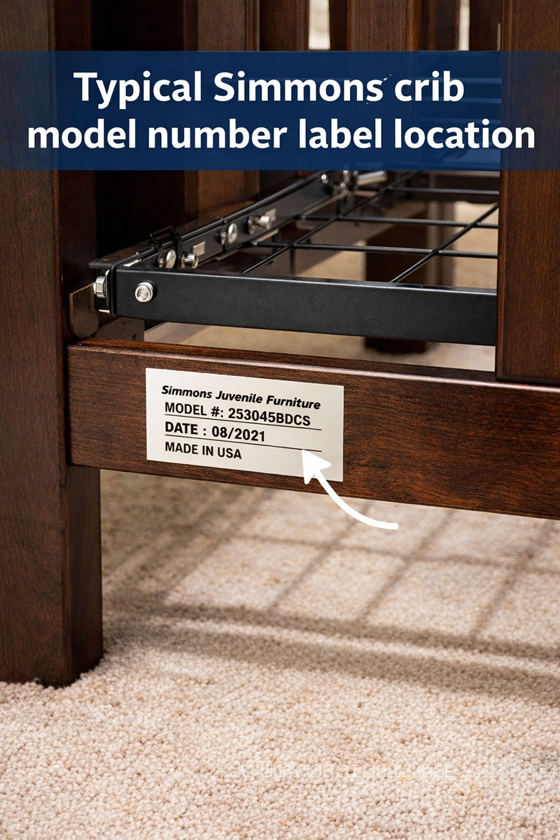 Example of a Simmons crib model number label location on the inside of a crib frame