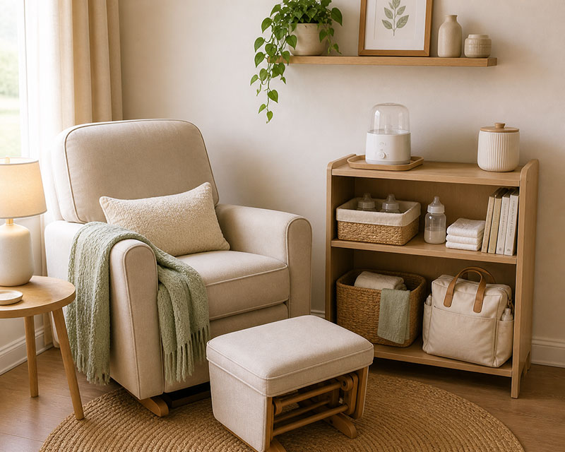 Simple newborn feeding corner with nursery chair small table and baby supplies