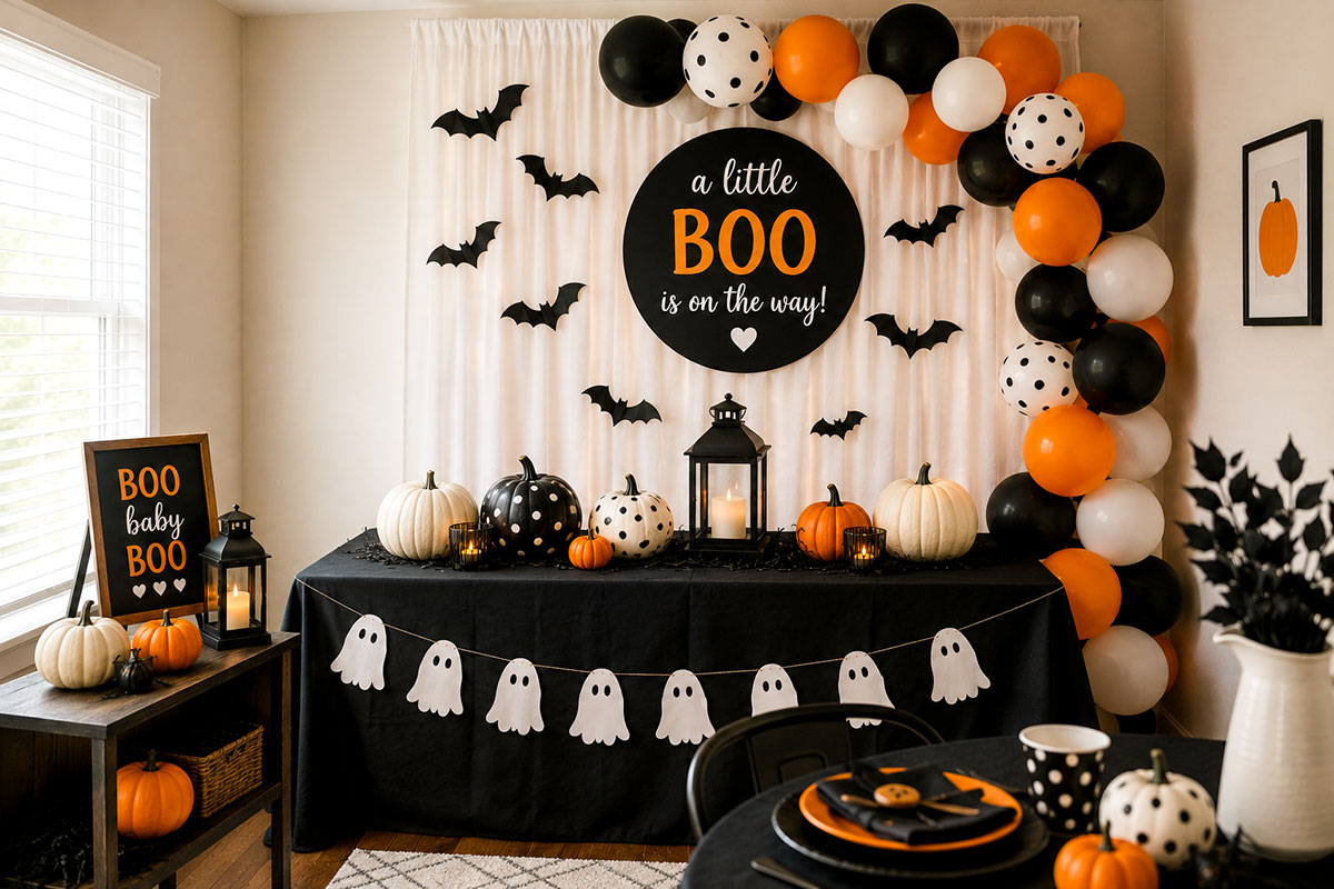 Simple Halloween baby shower decorations in a small room with a compact backdrop decorated table pumpkins and paper bats