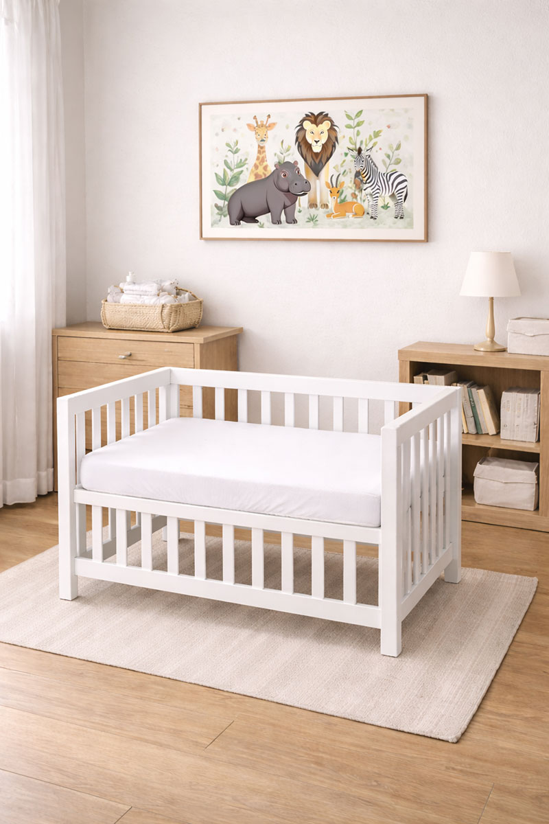 simple mini crib setup with firm mattress and fitted sheet only
