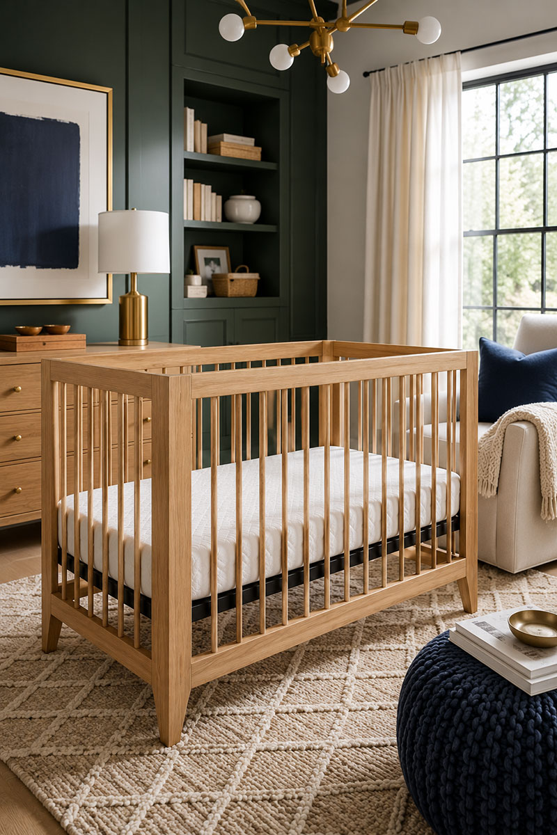 Single sided crib mattress inside a modern oak crib nursery