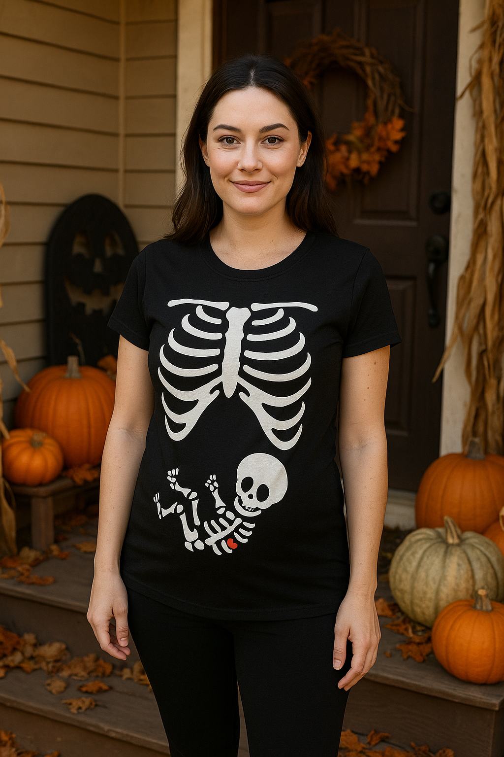 Pregnant mom wearing a black skeleton maternity Halloween tee with glow-in-the-dark ribs and a baby skeleton graphic, standing on a porch decorated with pumpkins and autumn leaves