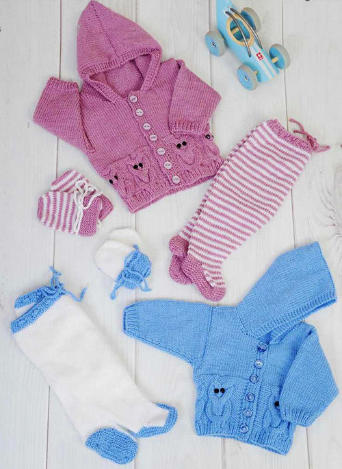 Baby cable knit sweater knitting pattern set collection.  Owl hooded sweater jacket, baby leggings and mittens set knitting pattern knitted with light worsted yarn