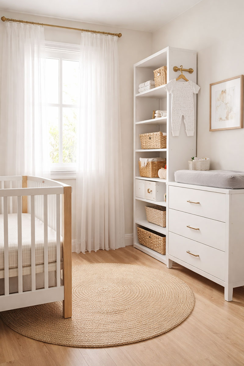 Small 8x10 nursery layout with crib on solid wall and tall vertical storage beside compact changing surface