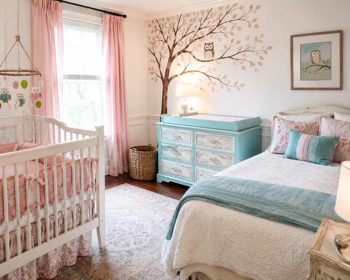 Small baby girl owl and tree nursery decorated in aqua, pink and white with handmade and secondhand furnishings