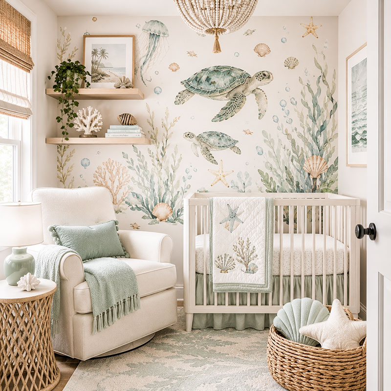 small coastal nursery wallpaper with ocean mural behind crib